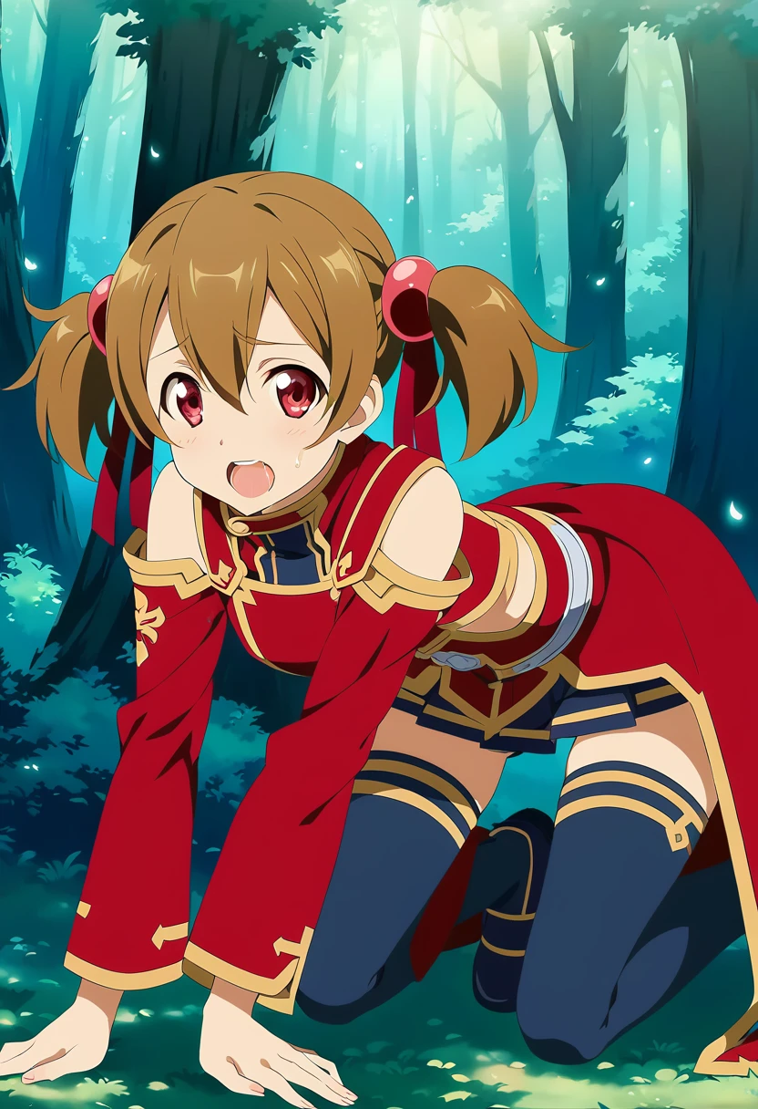 open mouth, saliva, happy, heart shaped eyes , silicabase, brown hair, short twintails, red eyes, armor, short pleated skirt, thighhighs, bare shoulders, hair ribbon, 1girl, solo, red clothing BREAK , looking at viewer, outdoors, dense forest, dappled sunlight, depth of field, cinematic, game cg, anime screencap, official art, masterpiece, best quality, full body shot, exposed pussy, masturbation, fingering pussy, knees bent, bent over
