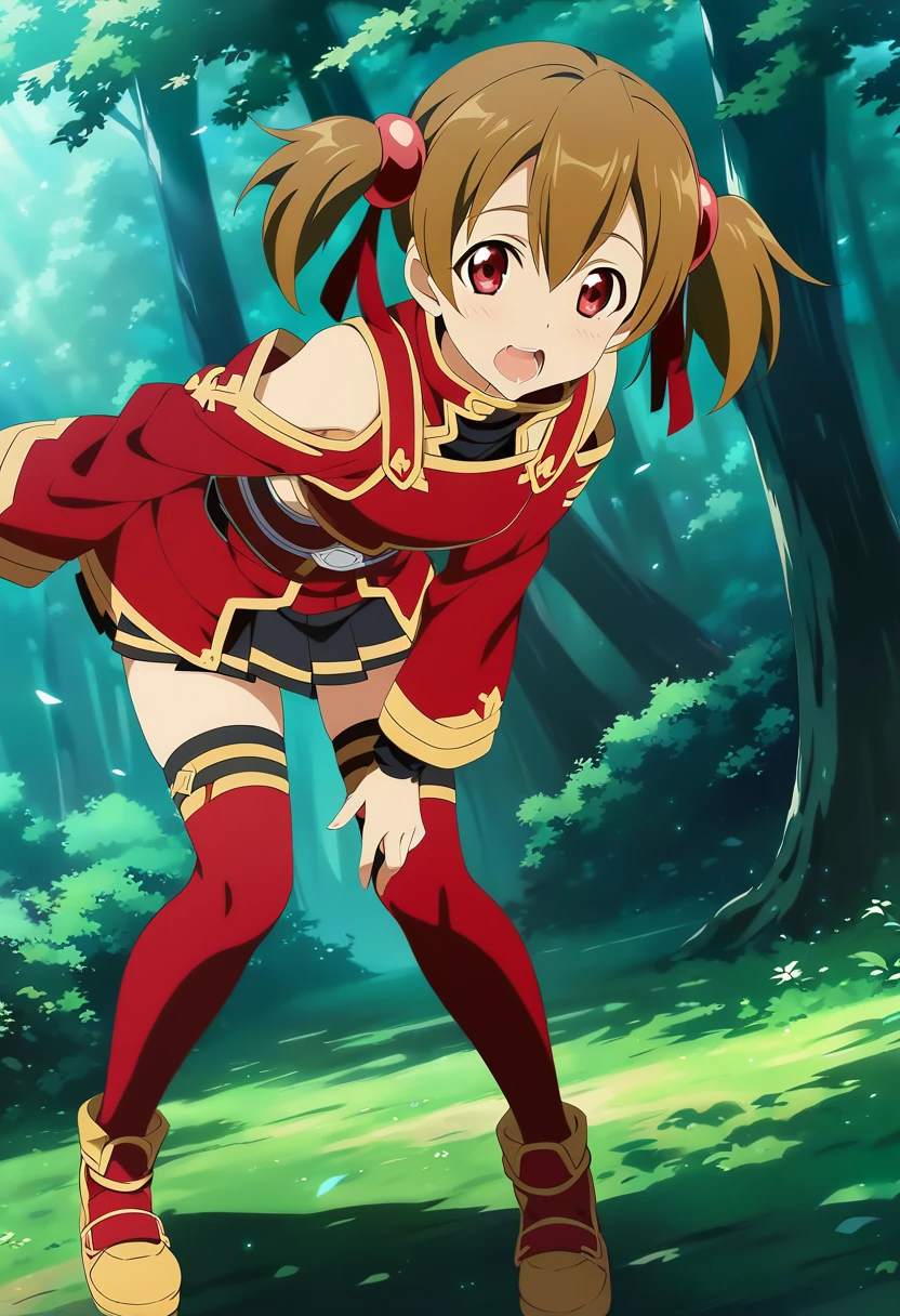 open mouth, saliva, happy, heart shaped eyes , silicabase, brown hair, short twintails, red eyes, armor, short pleated skirt, thighhighs, bare shoulders, hair ribbon, 1girl, solo, red clothing BREAK , looking at viewer, outdoors, dense forest, dappled sunlight, depth of field, cinematic, game cg, anime screencap, official art, masterpiece, best quality, full body shot, exposed pussy, masturbation, fingering pussy, knees bent, bent over
