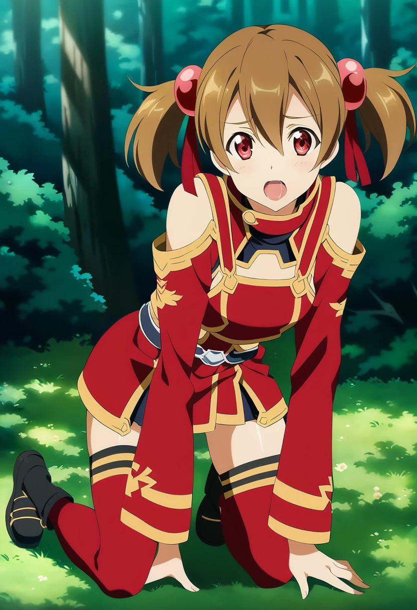 open mouth, saliva, happy, heart shaped eyes , silicabase, brown hair, short twintails, red eyes, armor, short pleated skirt, thighhighs, bare shoulders, hair ribbon, 1girl, solo, red clothing BREAK , looking at viewer, outdoors, dense forest, dappled sunlight, depth of field, cinematic, game cg, anime screencap, official art, masterpiece, best quality, full body shot, exposed pussy, masturbation, fingering pussy, knees bent, bent over
