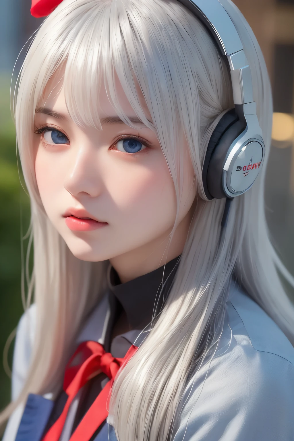 Top Quality, Masterpiece, Ultra High Resolution, (Photorealistic: 1.4), Raw Photo, 1 Girl, ((silver hue Hair)), Glossy Skin, (((Ultra Realistic Details)), Portrait, Global Illumination, Shadows, Octane Rendering, 8K, Ultra Sharp, Intricate Ornaments Details, realistic skin, sweat effect, ((wearing Headphone)), very intricate detail, realistic light, CGSoation trend, blue bright eyes, glowing eyes, wearing japanese school uniform, Long hair, small red ribbon on hair, full body shot, dynamic pose, hair bangs, alisa mikhailovna kujou, angry, pout