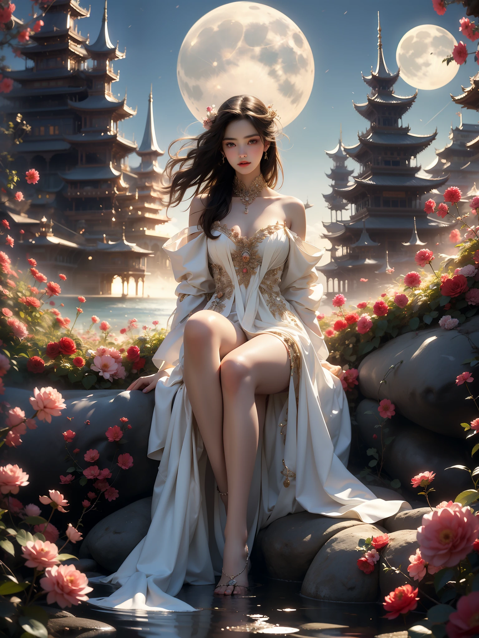 elaborate Hanfu (High quality details), 1 Girl, solo, Young women, Elegant Posture, ((night, moonlight)), (Curvy body，Lying in the water naturally，River Water，rock, Relaxed expression), (Focus on natural body posture and correct anatomy:1.3), (Perfect leg proportions:1.3)，(True and accurate leg shape:1.2), ((Natural leg position)), The skirt is very short, One hand stroked the hem of the skirt, Lift the hem of your skirt, Bare shoulders, Natural posture, Soft expression, Exquisite makeup, Soft blush, Bright Eyes, Soft lips, Flower fairy style, ((Anatomically accurate)), (Real natural legs), Smooth skin, Soft lighting, high resolution, 8K Ultra HD, Clear focus, Professional photography effects, Random elegant scenes, Multi-angle shooting