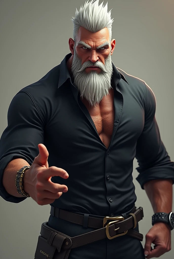 An extremely muscular man, with veins protruding from his powerful muscles, and white hair and beard He is pointing his finger towards the camera, speaking very loudly and seriously, angry, , in the background the living room of a house