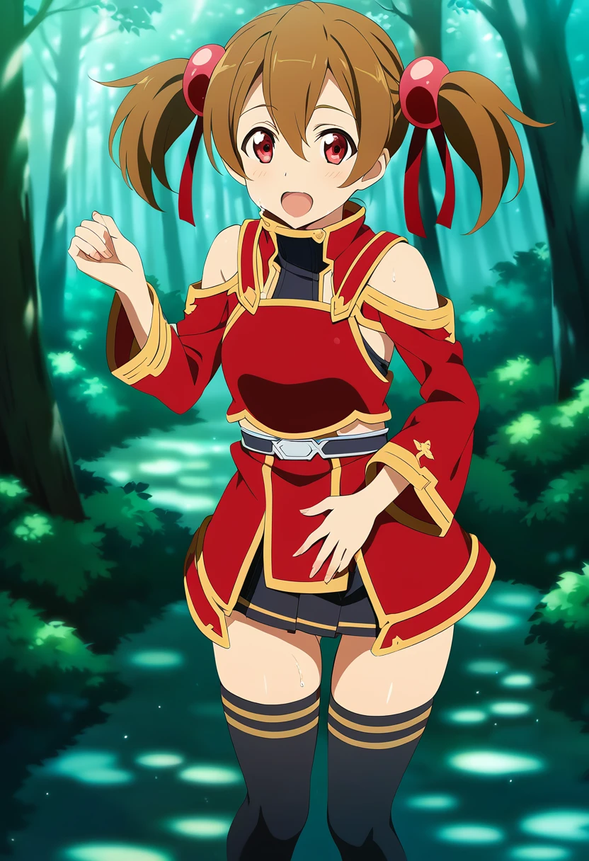 open mouth, saliva, happy, heart shaped eyes , silicabase, brown hair, short twintails, red eyes, armor, short pleated skirt, thighhighs, bare shoulders, hair ribbon, 1girl, solo, red clothing BREAK , looking at viewer, outdoors, dense forest, dappled sunlight, depth of field, cinematic, game cg, anime screencap, official art, masterpiece, best quality, standing, exposed pussy, full body shot, barefoot, fingering pussy, dripping wet pussy
