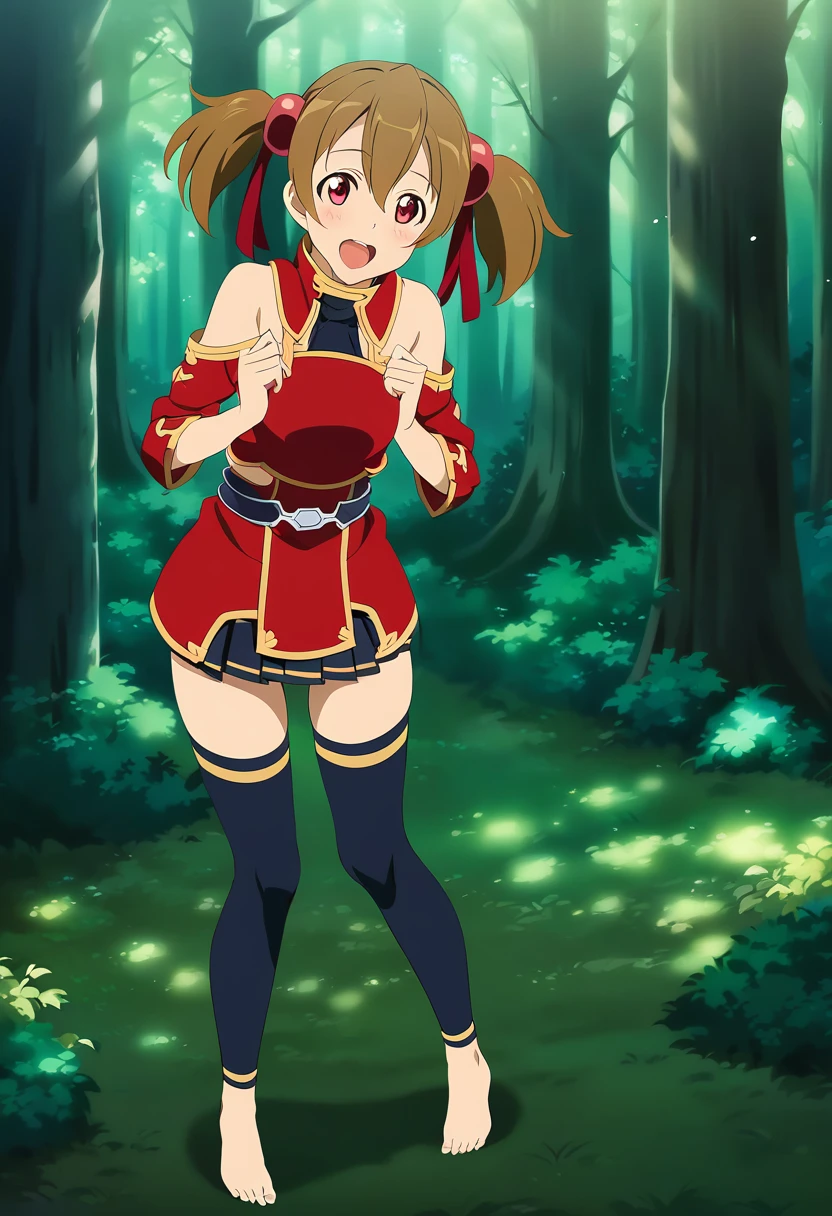 open mouth, saliva, happy, heart shaped eyes , silicabase, brown hair, short twintails, red eyes, armor, short pleated skirt, thighhighs, bare shoulders, hair ribbon, 1girl, solo, red clothing BREAK , looking at viewer, outdoors, dense forest, dappled sunlight, depth of field, cinematic, game cg, anime screencap, official art, masterpiece, best quality, standing, exposed pussy, full body shot, barefoot, fingering pussy, dripping wet pussy
