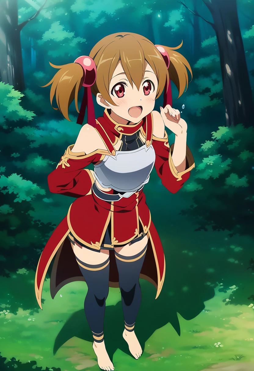 open mouth, saliva, happy, heart shaped eyes , silicabase, brown hair, short twintails, red eyes, armor, short pleated skirt, thighhighs, bare shoulders, hair ribbon, 1girl, solo, red clothing BREAK , looking at viewer, outdoors, dense forest, dappled sunlight, depth of field, cinematic, game cg, anime screencap, official art, masterpiece, best quality, standing, exposed pussy, full body shot, barefoot, fingering pussy, dripping wet pussy
