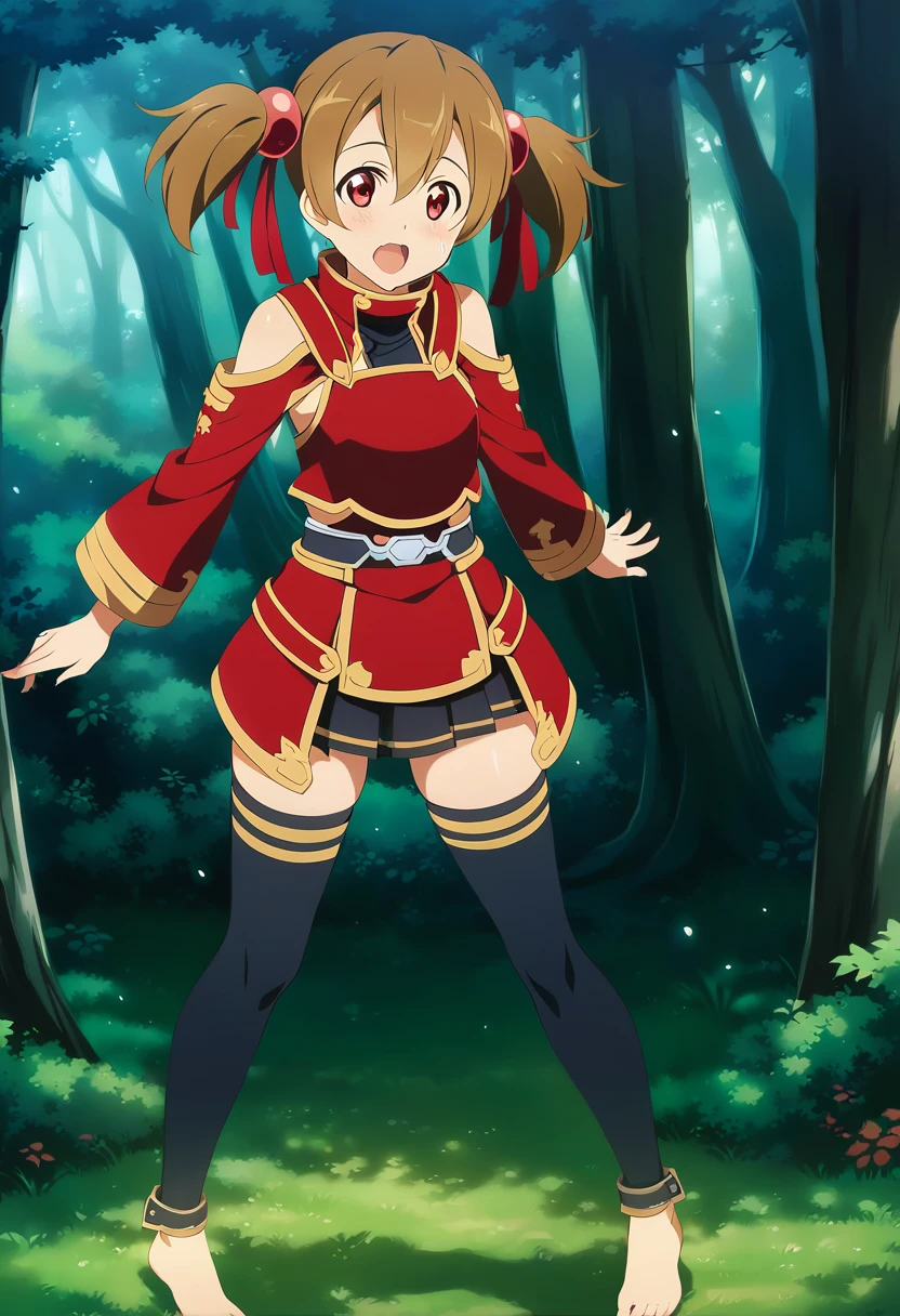 open mouth, saliva, happy, heart shaped eyes , silicabase, brown hair, short twintails, red eyes, armor, short pleated skirt, thighhighs, bare shoulders, hair ribbon, 1girl, solo, red clothing BREAK , looking at viewer, outdoors, dense forest, dappled sunlight, depth of field, cinematic, game cg, anime screencap, official art, masterpiece, best quality, standing, exposed pussy, full body shot, barefoot, fingering pussy, dripping wet pussy
