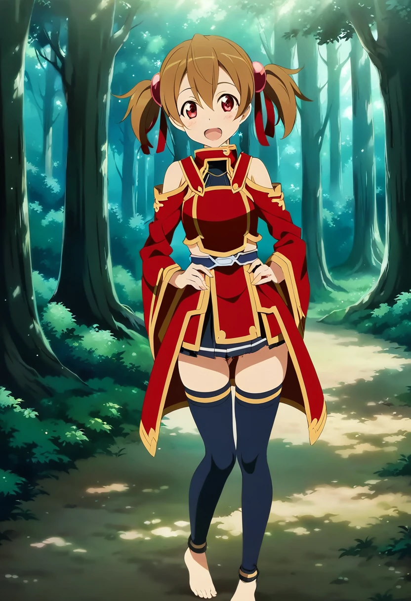 open mouth, saliva, happy, heart shaped eyes , silicabase, brown hair, short twintails, red eyes, armor, short pleated skirt, thighhighs, bare shoulders, hair ribbon, 1girl, solo, red clothing BREAK , looking at viewer, outdoors, dense forest, dappled sunlight, depth of field, cinematic, game cg, anime screencap, official art, masterpiece, best quality, standing, exposed pussy, full body shot, barefoot, fingering pussy, dripping wet pussy, barefoot
