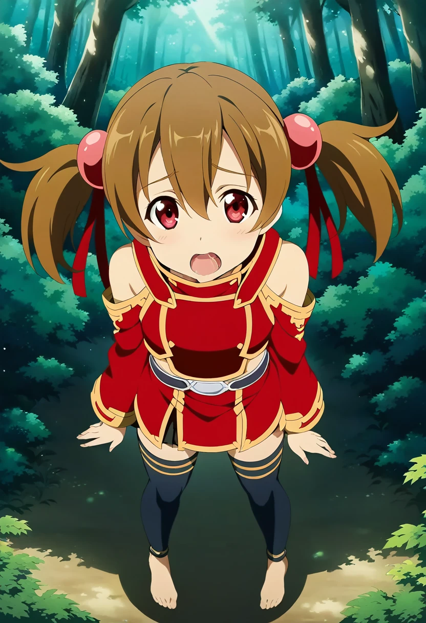 open mouth, saliva, happy, heart shaped eyes , silicabase, brown hair, short twintails, red eyes, armor, short pleated skirt, thighhighs, bare shoulders, hair ribbon, 1girl, solo, red clothing BREAK , looking at viewer, outdoors, dense forest, dappled sunlight, depth of field, cinematic, game cg, anime screencap, official art, masterpiece, best quality, standing, exposed pussy, full body shot, barefoot, fingering pussy, dripping wet pussy, barefoot
