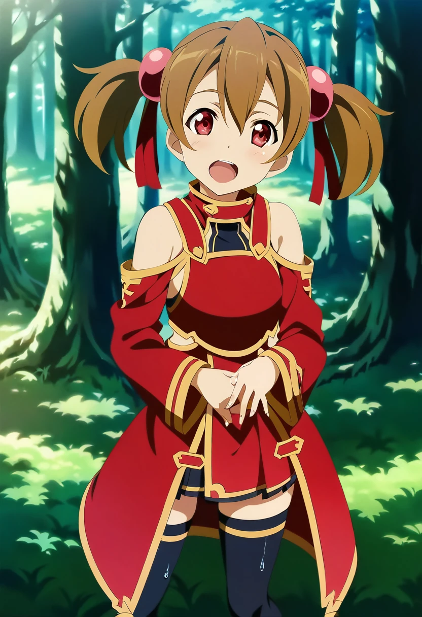 open mouth, saliva, happy, heart shaped eyes , silicabase, brown hair, short twintails, red eyes, armor, short pleated skirt, thighhighs, bare shoulders, hair ribbon, 1girl, solo, red clothing BREAK , looking at viewer, outdoors, dense forest, dappled sunlight, depth of field, cinematic, game cg, anime screencap, official art, masterpiece, best quality, standing, exposed pussy, full body shot, barefoot, fingering pussy, dripping wet pussy, barefoot
