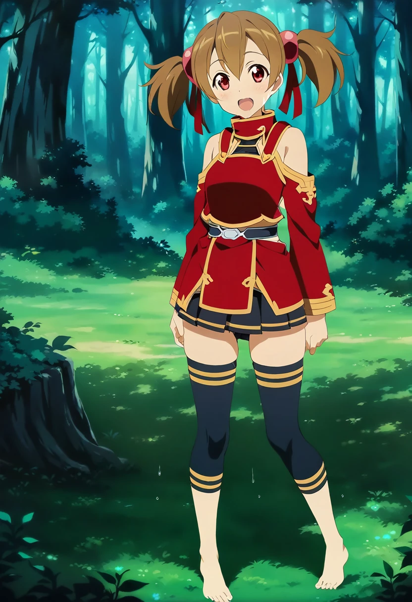 open mouth, saliva, happy, heart shaped eyes , silicabase, brown hair, short twintails, red eyes, armor, short pleated skirt, thighhighs, bare shoulders, hair ribbon, 1girl, solo, red clothing BREAK , looking at viewer, outdoors, dense forest, dappled sunlight, depth of field, cinematic, game cg, anime screencap, official art, masterpiece, best quality, standing, exposed pussy, full body shot, barefoot, fingering pussy, dripping wet pussy, barefoot
