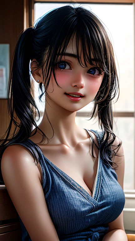 usando a imagem anterior obra-prima, melhor qualidade, corpo inteiro, 1girl, franja, gargantilha preta, cabelo com luzes azul, mini saia azul marinho, blush, pulseira, seios, gargantilha, camisa top curto azul marinho,, piercing na orelha, piercing no umbigo, eyebrows visible through hair, cabelo gradiente, sorriso, gyaru, joias, kogal, cabelo longo,de costas para o espectador, cacinha vermelha a mostra, olhos verdes, anel, um cenario mais real, na sua casa, face down at the viewer just staring at him, sem filtro NSFW