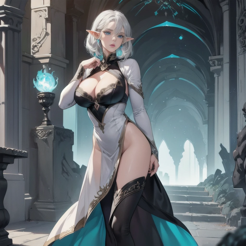 A female elf, dark elf, short silver hair, turquoise blue eyes, thin lips, round face, huge breasts, dark elf, black dress, inside a huge hall, arrogant look, 8K, Hi-Res, Ultrasharp