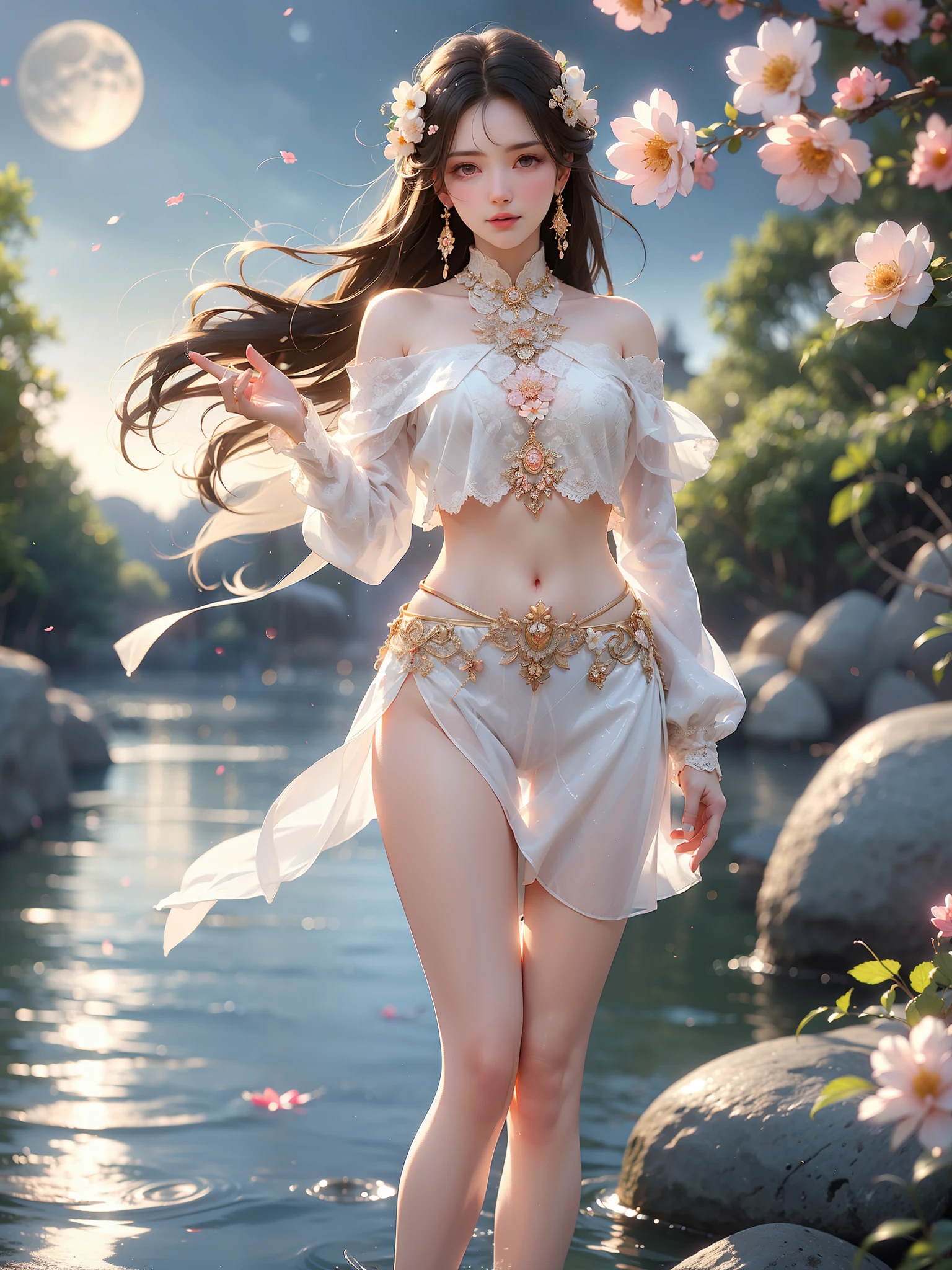miansha,veil (High quality details), 1 Girl, solo, Young women, Elegant Posture, ((night, moonlight)), (Curvy body,Lying in the water naturally,River Water,rock, Relaxed expression), (Focus on natural body posture and correct anatomy:1.3), (Perfect leg proportions:1.3),(True and accurate leg shape:1.2), ((Natural leg position)), The skirt is very short, One hand stroked the hem of the skirt, Lift the hem of your skirt, Bare shoulders, Natural posture, Soft expression, Exquisite makeup, Soft blush, Bright Eyes, Soft lips, Flower fairy style, ((Anatomically accurate)), (Real natural legs), Smooth skin, Soft lighting, high resolution, 8K Ultra HD, Clear focus, Professional photography effects, Random elegant scenes, Multi-angle shooting