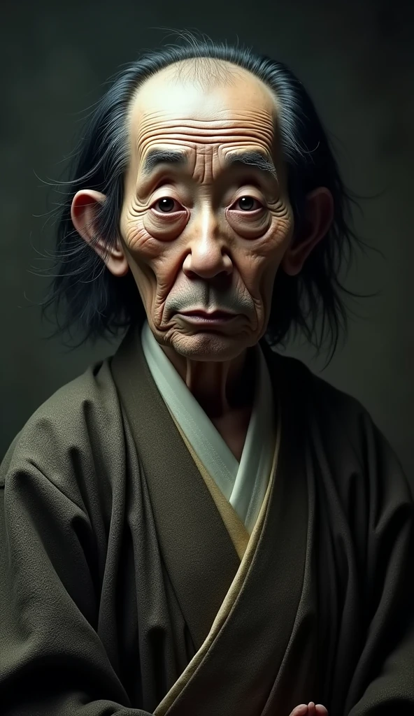 a surreal portrait of an old Japanese man with a disproportionately large head and , wearing a traditional Japanese kimono, with  black hair, (best quality,4k,8k,highres,masterpiece:1.2),ultra-detailed,(realistic,photorealistic,photo-realistic:1.37),extremely detailed eyes and face,longeyelashes,intricate textile patterns,dramatic lighting,moody atmosphere,muted color palette,cinematic composition , full body 