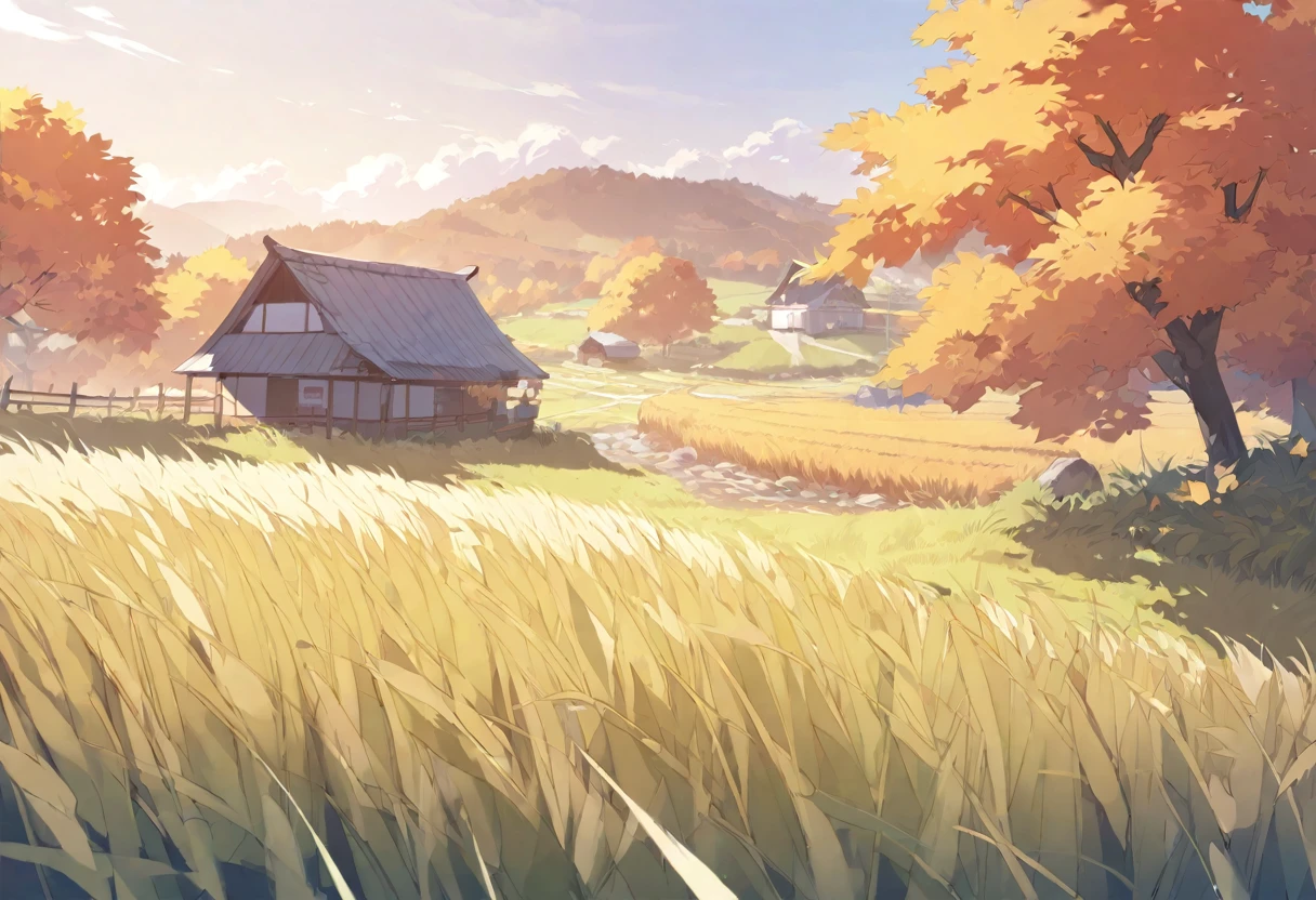 Autumn rural scenery with swaying ears of rice
