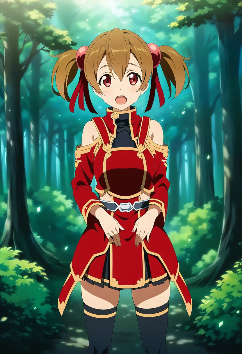 open mouth, saliva, happy, heart shaped eyes , silicabase, brown hair, short twintails, red eyes, armor, short pleated skirt, thighhighs, bare shoulders, hair ribbon, 1girl, solo, red clothing BREAK , looking at viewer, outdoors, dense forest, dappled sunlight, depth of field, cinematic, game cg, anime screencap, official art, masterpiece, best quality, standing, exposed pussy, full body shot, barefoot, fingering pussy, dripping wet pussy, masturbation
