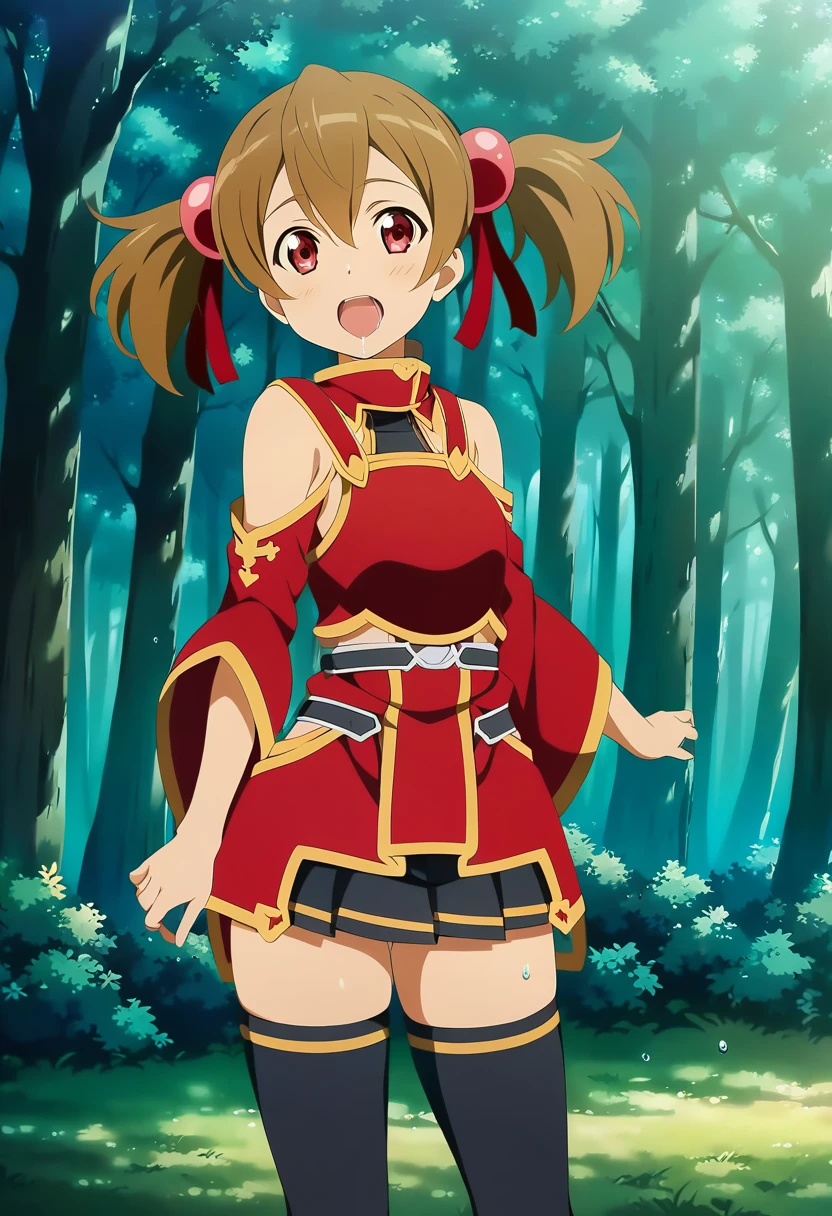 open mouth, saliva, happy, heart shaped eyes , silicabase, brown hair, short twintails, red eyes, armor, short pleated skirt, thighhighs, bare shoulders, hair ribbon, 1girl, solo, red clothing BREAK , looking at viewer, outdoors, dense forest, dappled sunlight, depth of field, cinematic, game cg, anime screencap, official art, masterpiece, best quality, standing, exposed pussy, full body shot, barefoot, fingering pussy, dripping wet pussy, masturbation
