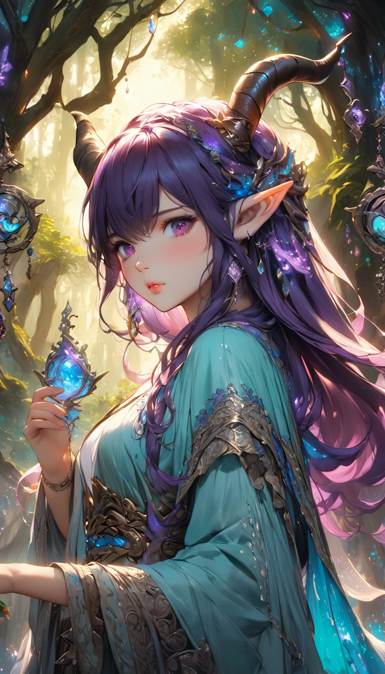 solo, beautiful female, wuxiaworld, wind blow, blossom, on the fog road, multicolored hair, blue hair, purple hair, ponytail, long hair, lonely, ray tracing, reflection light, depth of field, partially underwater shot, framed, multiple views, polar opposites, close-up, cowboy shot, masterpiece, best quality, high details, high quality, ccurate, textured skin, UHD, 2 elf girls, 18 years old, multiucolor hair, long hair, extreme abs, cat ears, smiling, wicked smile, fantasy land, glowing plants, nighttime, particles of light, fireflies, epic, profound, video game aestetic, spellcaster, cozy scene, nsfw