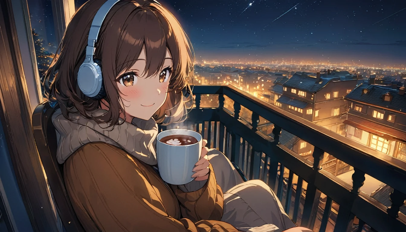 background：Balcony with night sky、The city lights are visible in the distance。  
expression：Relaxed smile。  
Costume：Warm sweaters and blankets。  
Pause：Sitting on a chair on the balcony、Holding a cup of hot cocoa in one hand, looking up at the night sky。  
scene：Quiet night time、I&#39;m spending a relaxing moment with a cup of hot cocoa in hand.。  
(Brown haired woman wearing headphones), (「Enjoying hot cocoa on the balcony at night」), (Very detailed, masterpiece, Highest quality, bright), (Anime Style), (Upper body or close-up)。  
