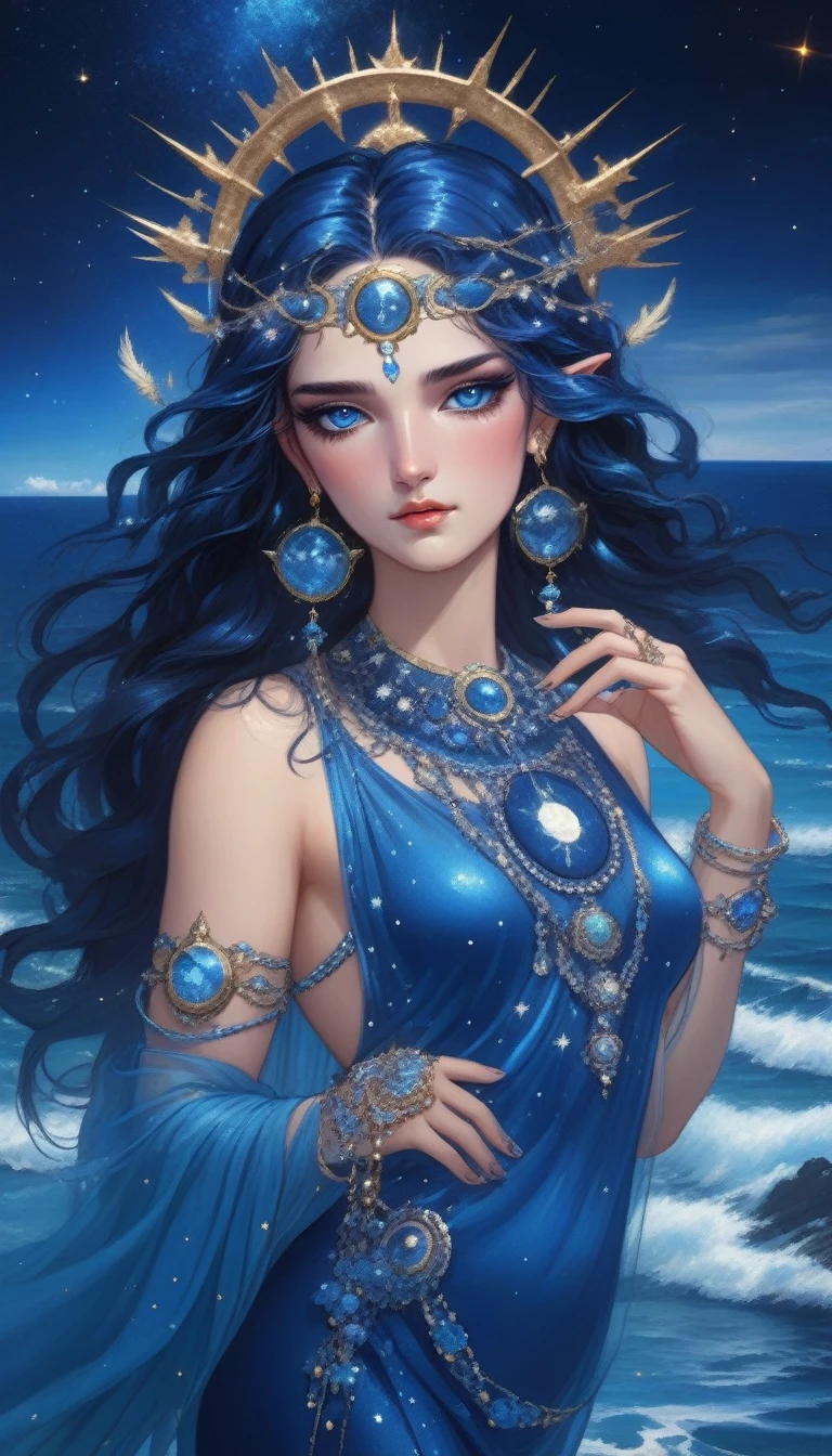 ( High quality , ultra detailed, careful with hand )Zodiac - Sagittarius goddess , similar to latin goodness . Optimistic, fair-minded, funny and intellectual face . Reckless, cold-hearted, impatient, overconfident style . Dark blue eyes (eyes detail) , deep blue hair with bling bling , transparent dress , in the ocean with stars , whole body , fire make up look , god Chiron