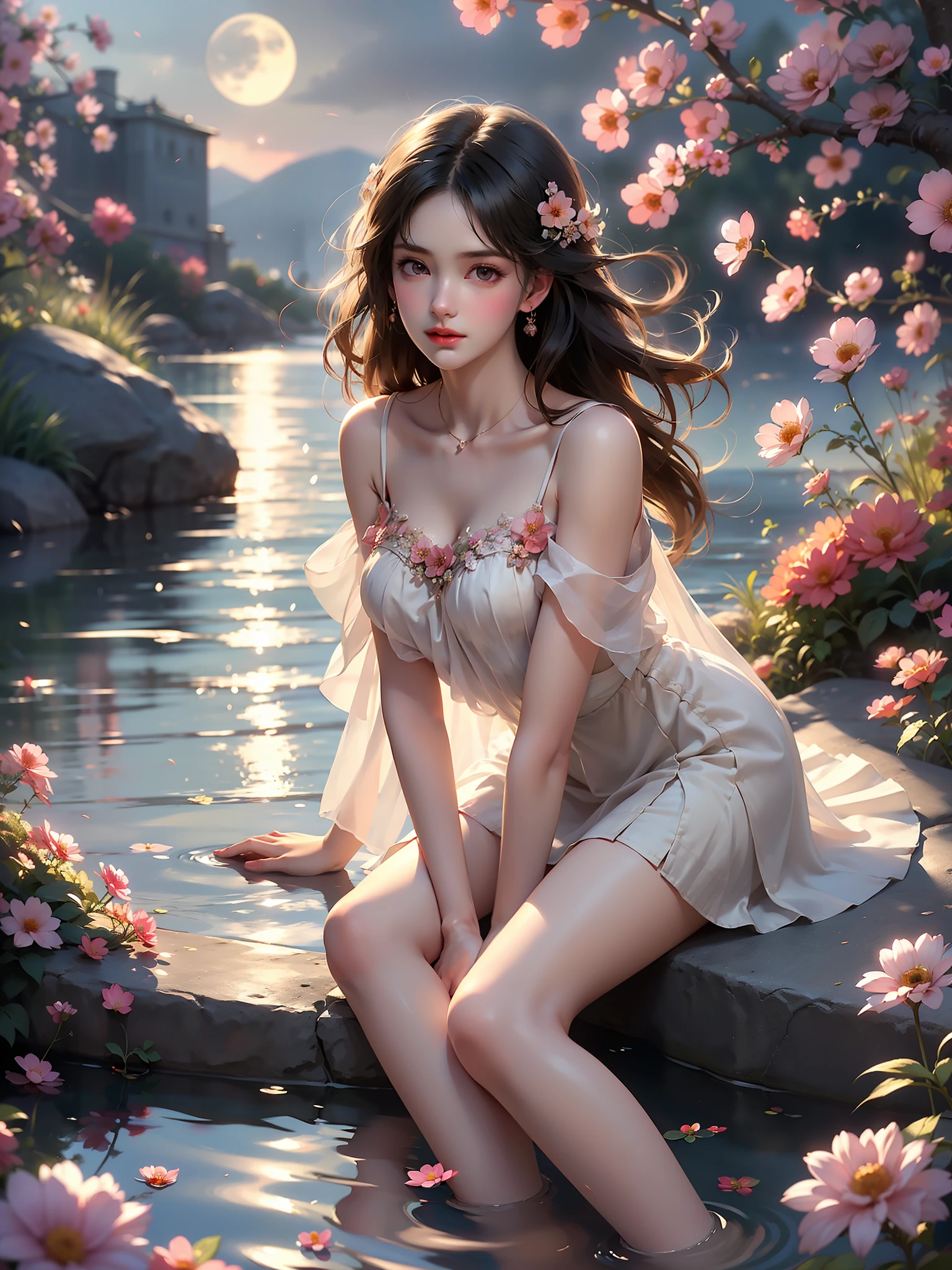  (High quality details), 1 Girl, solo, Young women, Elegant Posture, ((night, moonlight)), (Curvy body，Lying in the water naturally，River Water，rock, Relaxed expression), (Focus on natural body posture and correct anatomy:1.3), (Perfect leg proportions:1.3)，(True and accurate leg shape:1.2), ((Natural leg position)), The skirt is very short, One hand stroked the hem of the skirt, Lift the hem of your skirt, Bare shoulders, Natural posture, Soft expression, Exquisite makeup, Soft blush, Bright Eyes, Soft lips, Flower fairy style, ((Anatomically accurate)), (Real natural legs), Smooth skin, Soft lighting, high resolution, 8K Ultra HD, Clear focus, Professional photography effects, Random elegant scenes, Multi-angle shooting