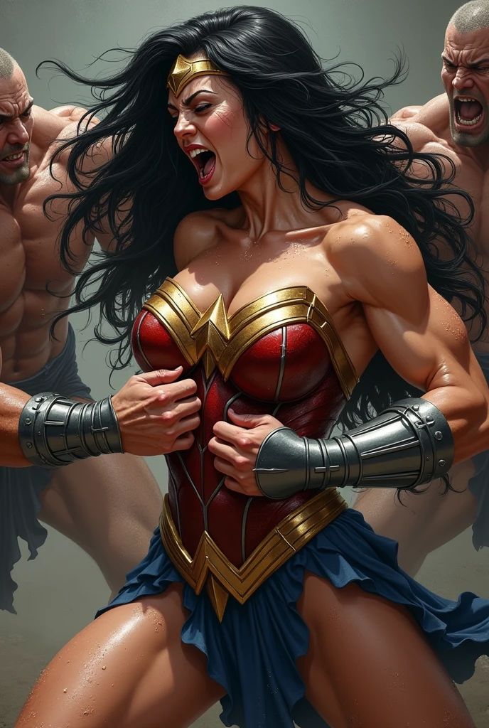 A toned athlete, muscular, blue eyes, black hair Wonder Woman with (silver wrist gauntlet:1.2), ((Red knee high boots:1.2)) getting punched and falling to the ground by a bald guy with giant muscles wearing black suits. They are in the dark alley. Wounded all over. They are very sweaty. ((destroyed clothes:1.3)). Torn and tattered costumes and spats, ((clenched fist)). very delicate muscles. bare shoulders, mature, sexy, elastic muscles, (muscles:1.2), ((strong and healthy body)), long legs, curves, (big breasts:1.2). ((wet with sweat)), concept art, realistic,