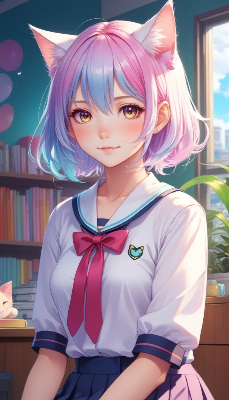 Colorful hair and colorful dress in anime ((cat-eared 1girl)),  school uniform pastel vivid, rossdraws cartoon vivid, anime style 4k, beautiful anime portrait, artgerm colorful!!!、! dream art germ, beautiful anime, cat ear 1girl, anime style digital art, anime art wallpaper 4k, anime art wallpaper 4k, digital anime art, highly detailed art germ, school uniform,  full body, sitting in her office, white hair, front view, smirking,