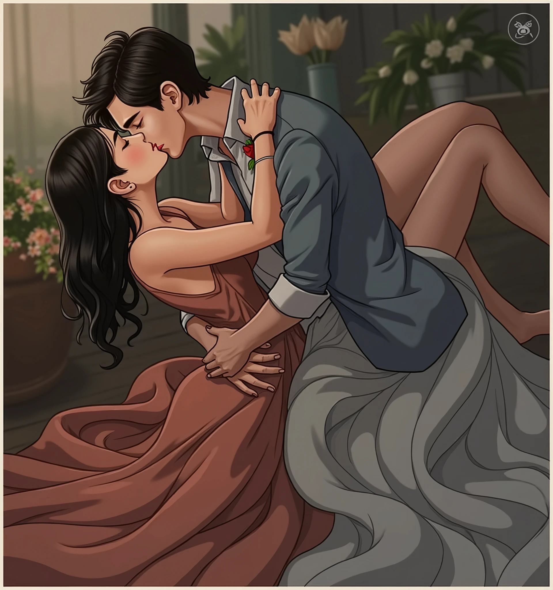 top-quality,　​masterpiece,　full body shot, Male and female couple, boy are girl are similar height, standing in an opulent royal spacious bedroom next to a bed with disheveled sheets, completely naked, girl taken by surprise, (((naked, nsfw, bare skin))), long flowing black hair in waves, gold jewelry, necklace, earrings, Boy hugging girl tightly from behind,  boy has crew cut hair, Without glasses, Revenge relationship, highly erotic, orgasmic expression, foreplay, squeezing breasts, assgrab, hand on breasts and ass, fondling, sweating, aftersex