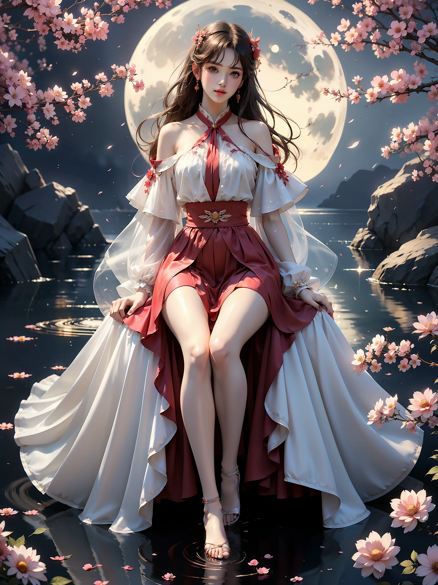 Hanfu (High quality details), 1 Girl, solo, Young women, Elegant Posture, ((night, moonlight)), (Curvy body，Lying in the water naturally，River Water，rock, Relaxed expression), (Focus on natural body posture and correct anatomy:1.3), (Perfect leg proportions:1.3)，(True and accurate leg shape:1.2), ((Natural leg position)), The skirt is very short, One hand stroked the hem of the skirt, Lift the hem of your skirt, Bare shoulders, Natural posture, Soft expression, Exquisite makeup, Soft blush, Bright Eyes, Soft lips, Flower fairy style, ((Anatomically accurate)), (Real natural legs), Smooth skin, Soft lighting, high resolution, 8K Ultra HD, Clear focus, Professional photography effects, Random elegant scenes, Multi-angle shooting