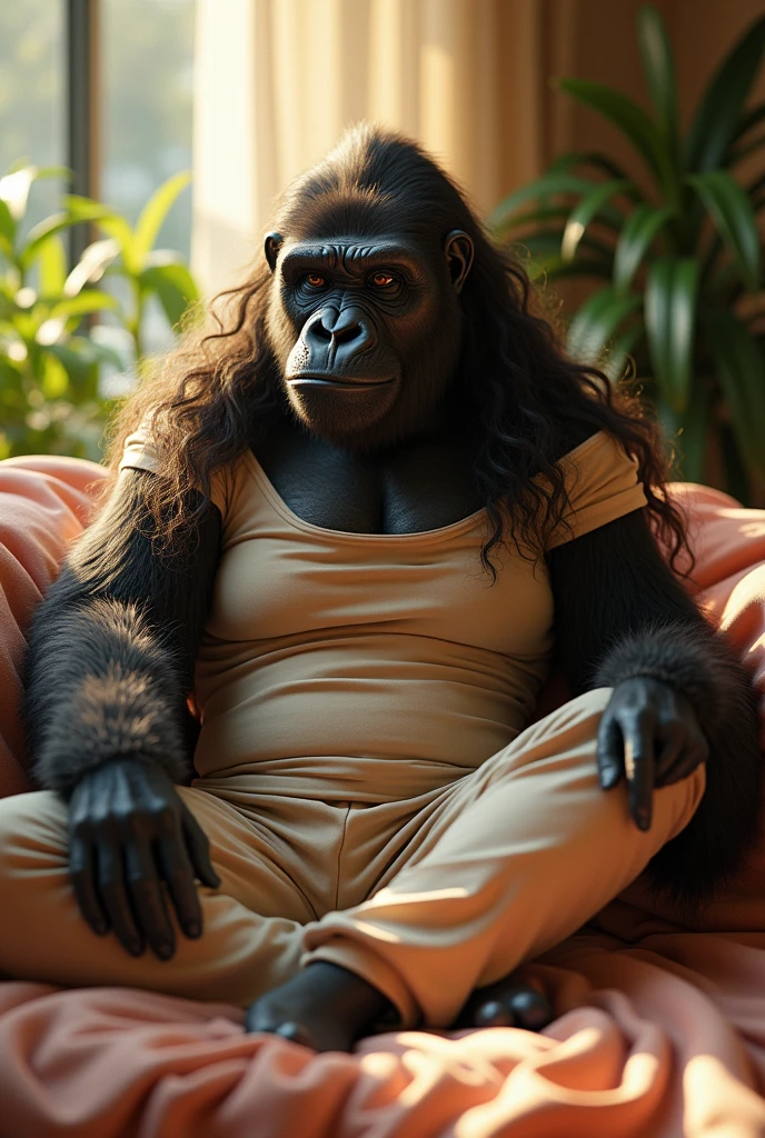 (photorealism:1.2), beautiful gorilla
, sitting on bed, wearing loose off-shoulder top, pajama pants, long curly hair, indoors, soft lighting, plants in background, window with sunlight, cozy room, relaxed pose, realistic, intricate details, warm colors, by Greg Rutkowski, by Alphonse Mucha