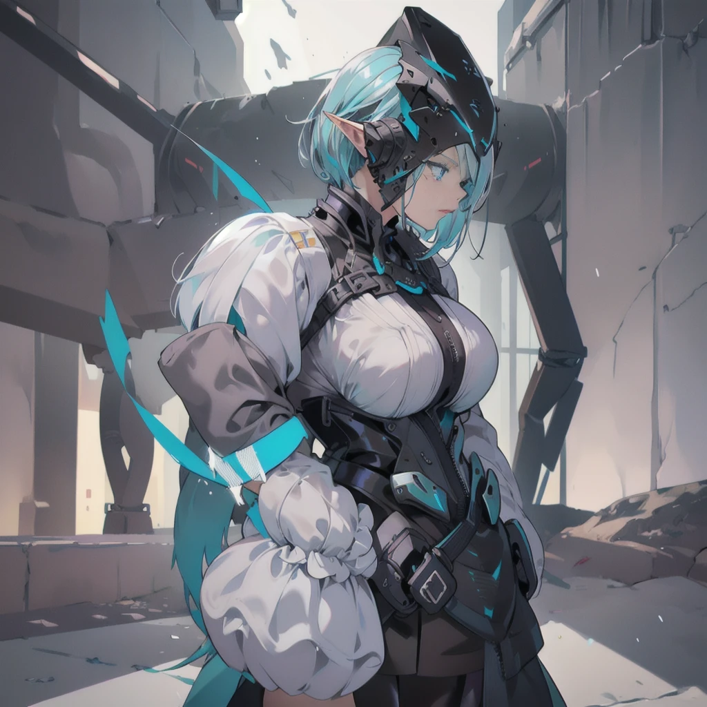 A female elf, dark elf, short silver hair, turquoise blue eyes, thin lips, round face, huge breasts, dark elf, black dress, inside a huge hall, arrogant look, 8K, Hi-Res, Ultrasharp, wearing cyberhelmet, urban techwear