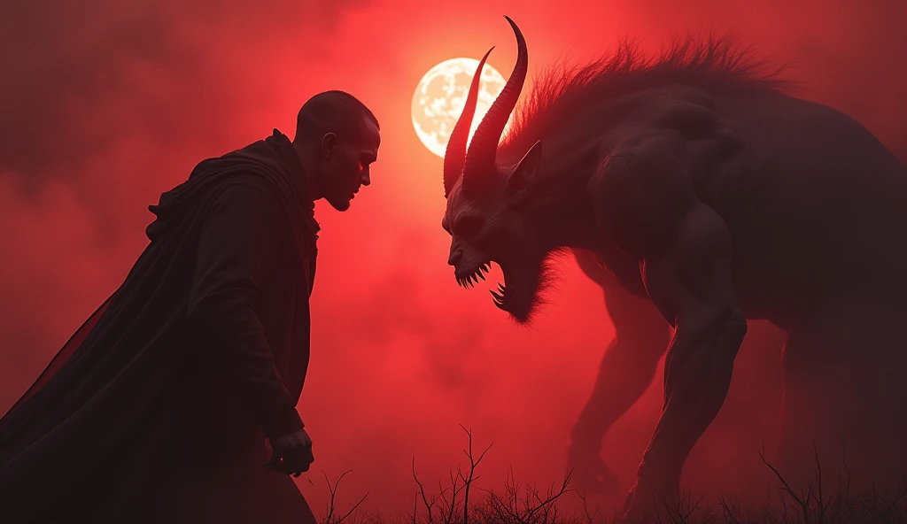A half-man, half-goat demon is biting the neck of an injured human.