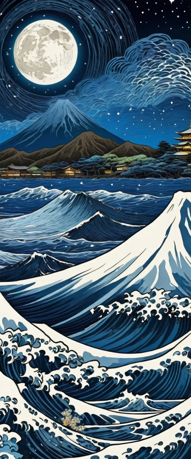 Exquisitely detailed  Ultra HD, extreme contrast, extremely lovely and strikingly detailed Mountain and seas. (Japanese large wave  art) with( van gogh starry night. Swirl of stars and clouds full moon behind Mt fuji) 