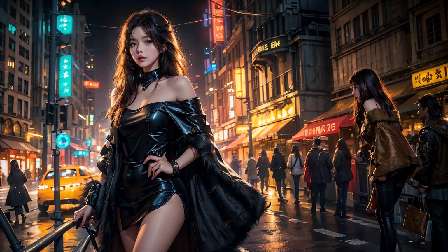 photorealistic,  high Resolution,  soft Light,  1women,  solo,  hips up,  pose,  shining skin,  brown eyes,  velvet lip,  dark wavy Hair,  silk mini dress,  Fur Coat,  off-the-shoulder,  Night,  Street,  Neon Lights,  Barricade,  Standing