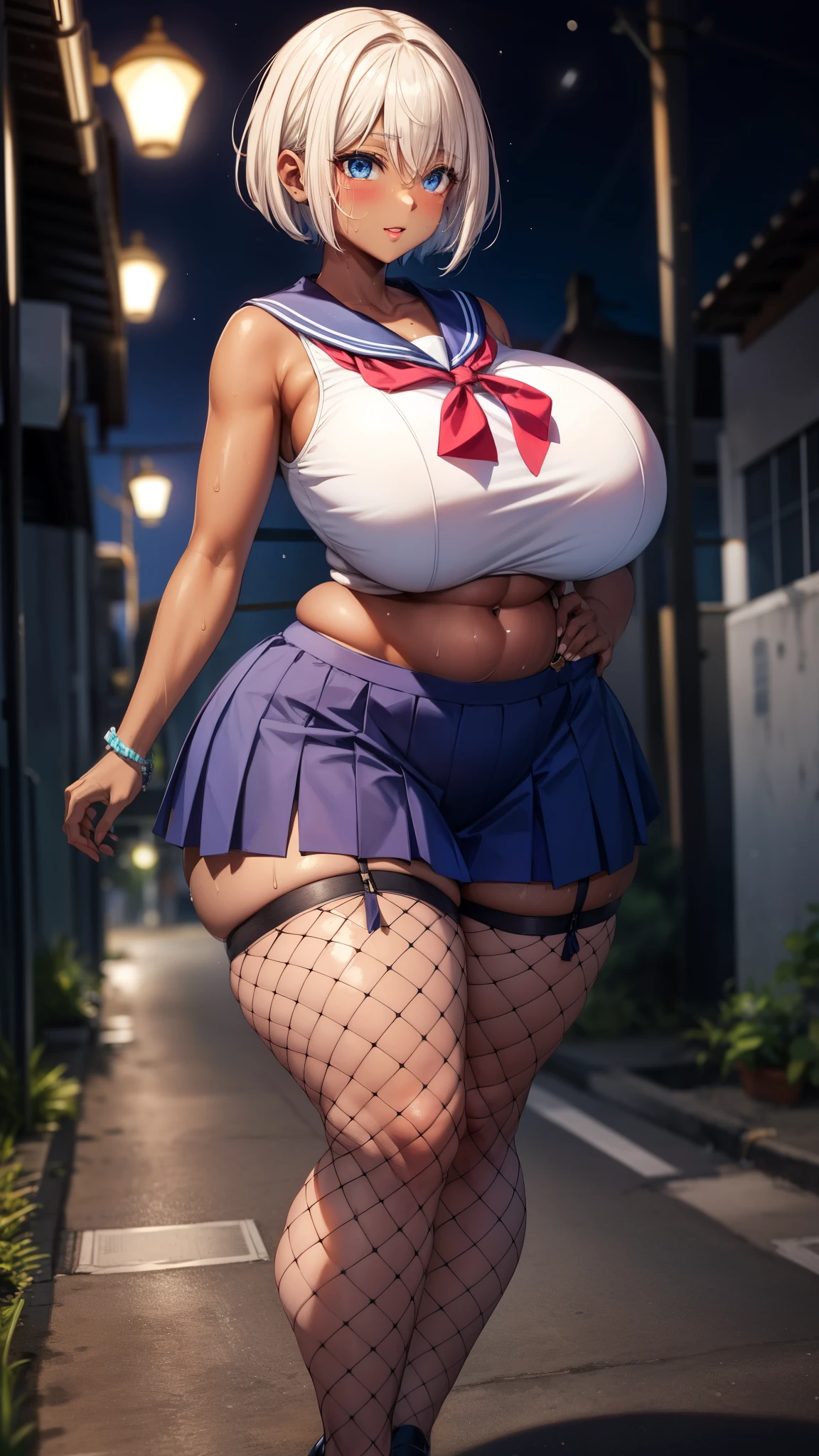 ((8k,Highest quality、Very tall、Voluptuous girl))、(gigantic tits，Thick thighs、Big Hips、Very long legs、Short Hair:1.3)、Blonde、Bobcut、blue eyes、(Dark Skin、Sweaty:1.3)、(Plump、happy smile:0.75)、Sleeveless sailor suit、Groin area is visible、Dark blue slit skirt、Fishnet tights、Belly button、Garter Stockings、Panty shot、Dark back alley、night