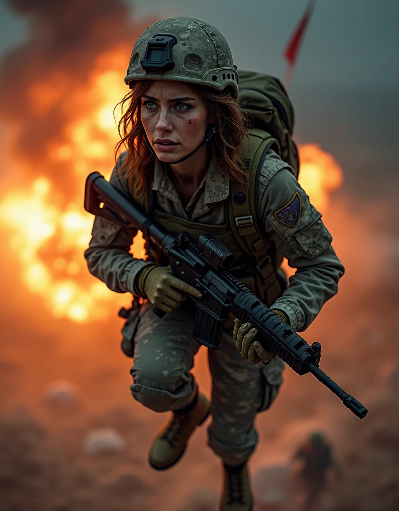 a photography at night of a battleground with 1 stunningly gorgeous 20 years old woman from the army holding a riffle standing face of the camera, (masterpiece:1.3), front picture, braids on 1 side, messy hair photorealistic, (full body in the picture:1.2), panorama, landscape, photography, best quality, night shot, intricate details, perfect detailed face, gray, black, incendie in the background, contrast, depth, texture, detail, clutter and mess everywhere, downtown, destroyed city, destroyed buildings, black smoke in the background, very serious face, very menacing face, (Magnificent sky at dusk:1.5), woman face, dark clouds, field full of corpses in the background, (long hair:1.1), (blond hair:1.3), stunning blue eyes, sharp eyes, (modern military clothes:1.2), (camo clothes:1.2), (fully dressed:1.2), (riffle in hands:1.2), (stains of dirt and blood on her body and face:1.2), industrial, gloomy ambiance, composition, light, shadow, reflection, refraction, vanishing point, horizon line, focal point, (Ukrainian flag laying on her shoulders), epic, dramatic