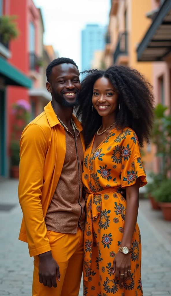 a Black man, angolan, Cao Cao, bonitas, bald man with beard, with his indigenous wife with long, wavy hair/curlies, with brown eyes.