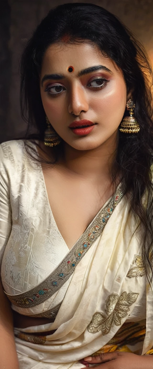 A woman, wearing erotic saree , pale white skin tone ,looking at viewer, sensual pose, dramatic lighting, chiaroscuro, cinematic, dark, haunting, dramatic, moody, high contrast, vivid colors, glowing skin, oil painting, digital art, hyper realistic, photorealistic, best quality, 8k, masterpiece, ultra-detailed,chubby aadi, n1p, ketika , yamig, yami, ketika 