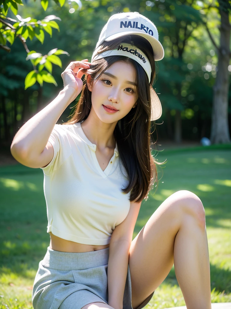 masutepiece, Best Quality, Ultra-detailed, finedetail, hight resolution, 8K Wallpaper, Perfect dynamic composition, 20yr old、without makeup、no-makeup、Amazingly cute、Beautiful detailed eyes, Natural lips, Golf Wear、tight skirts、Cross Line Bridge Stage、cleavage, Gravure Pose, Black panties、