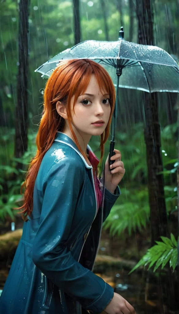 (Masterpiece:1.2, Best Quality), Forest, 1 girl, girl, Redhead, , Thinking, nami one piece, raining, fullbody, action pose, beutifull face, beautifull body, ultra detail face, very detail, ultra hidgh res, high quality, foto-realistic, raining, wet