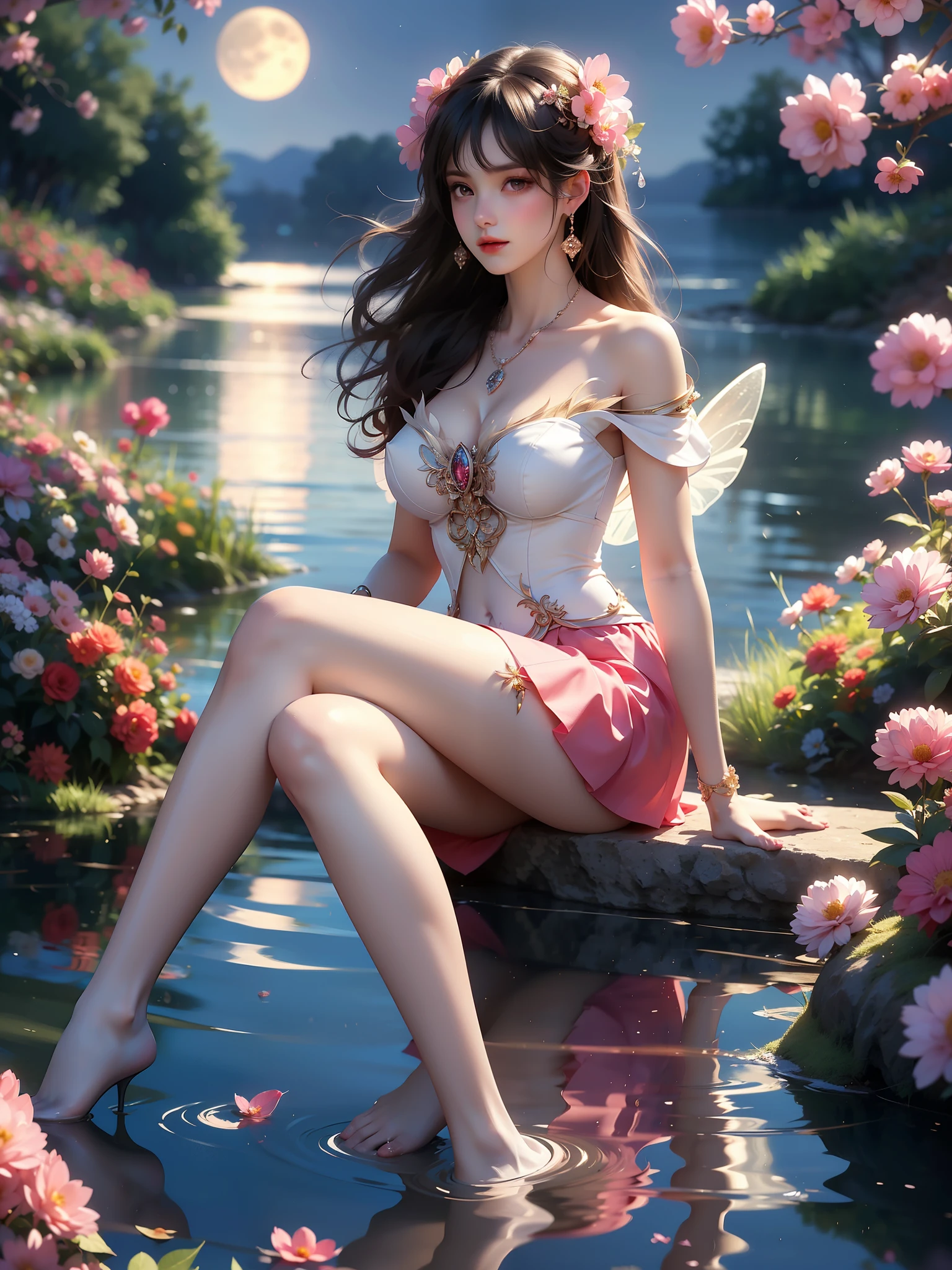 , (High quality details), 1 Girl, solo, Young women, Elegant Posture, ((night, moonlight)), (Curvy body，Lying in the water naturally，River Water，rock, Relaxed expression), (Focus on natural body posture and correct anatomy:1.3), (Perfect leg proportions:1.3)，(True and accurate leg shape:1.2), ((Natural leg position)), One hand stroked the hem of the skirt, Lift the hem of your skirt, Bare shoulders, Natural posture, Soft expression, Exquisite makeup, Soft blush, Bright Eyes, Soft lips, Flower fairy style, ((Anatomically accurate)), (Real natural legs), Smooth skin, Soft lighting, high resolution, 8K Ultra HD, Clear focus, Professional photography effects, Random elegant scenes, Multi-angle shooting