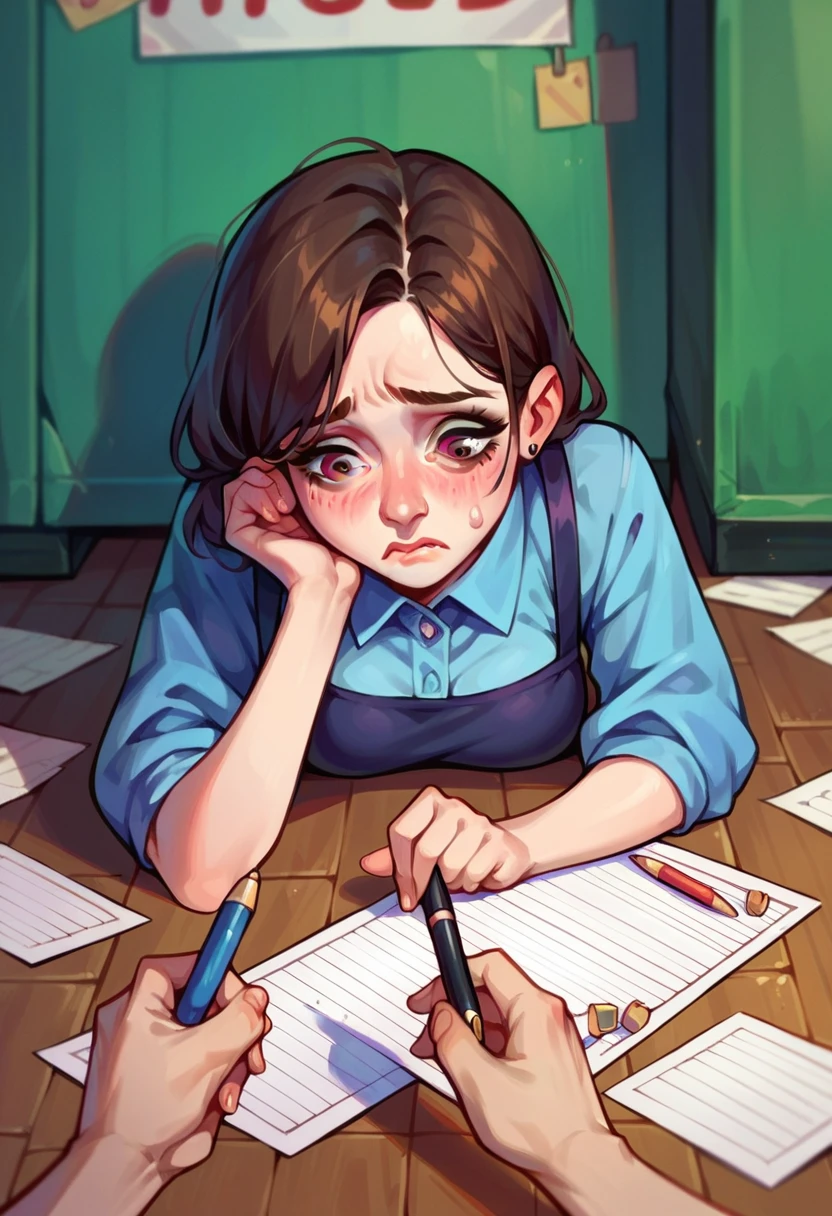 A temperamental beauty sits at her desk，long whitr hair，largeeyes，Melon seed face，The right hand supports the cheek，With an anxious expression，On the table was a note with blood stained，Keep your eyes on the note