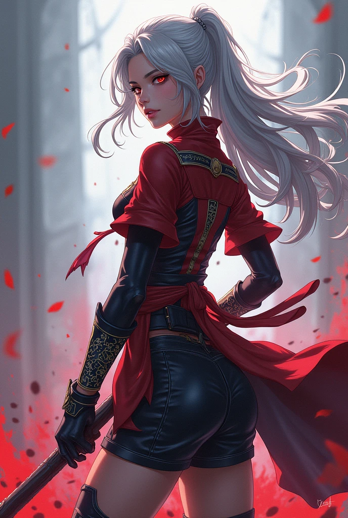 masterpiece, best quality, okita souji alter, short hair, hair bow, tassel, arm guards, red scarf, red dress, cleavage, black thighhighs, from behind, emotionless, looking down, japanese architecture <lora:okitasoujialter-nvwls-v1-000010:0.9>