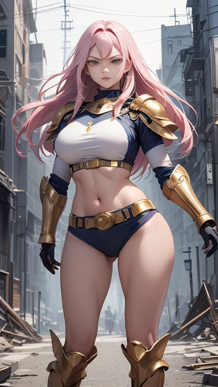 (Highly quality, masterpiece, detailed), realistic 1.5, detailed face, perfect eyes, Destroyed city detailed scenario, destroyed city detailed background, 20 years old girl, solo, angry, hero suit, straight hair, white and pink hair, Gold belt, gold wristband, Gold Shoulder pad, gold breast plates, 1girl, full body, big breasts, athletic body, crop top, Abdomen, Navel, beautiful eyes, perfect eyes, looking at the viewer, Sexy pose