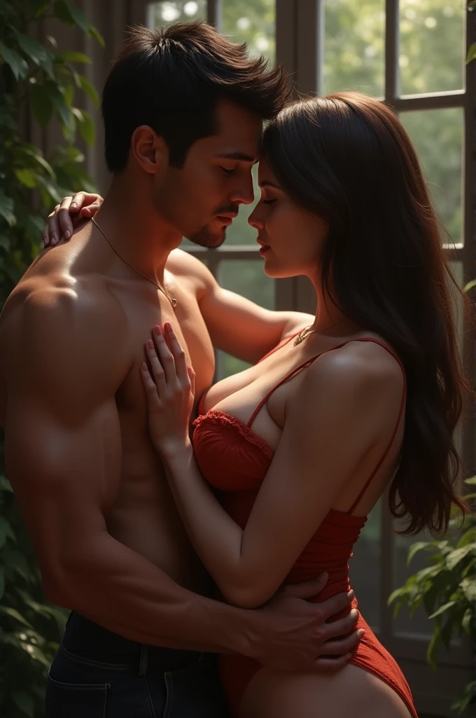 Eighteen years boy with medium beard and mustache having his lips on the beautiful boobs having pink nipples of a white girl with black long hairs on her back and fully naked at the legs which look like realistic