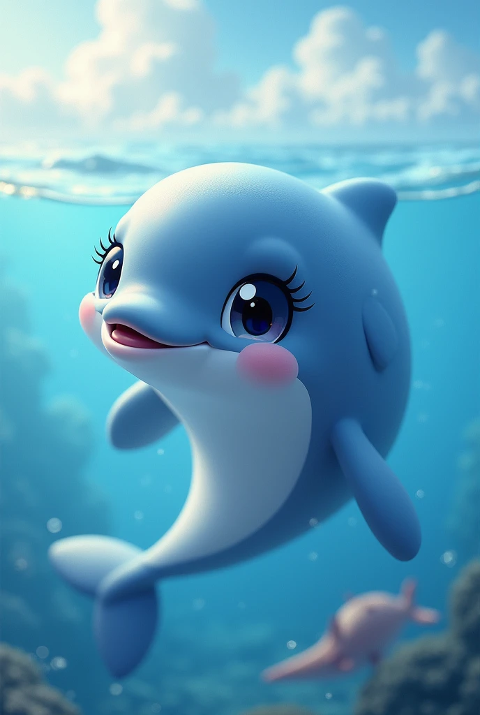 a cute mascot character, a dolphin, seascape, beautiful detailed eyes, beautiful detailed lips, extremely detailed face and features, long eyelashes, whimsical, playful, adorable, vibrant colors, dynamic composition, dramatic lighting, (best quality,4k,8k,highres,masterpiece:1.2),ultra-detailed,(realistic,photorealistic,photo-realistic:1.37),digital art, concept art, cute, kawaii, fantasy, magical, adorable, charming, playful, joyful, cute mascot character, dolphin, seascape, ocean, waves, vibrant colors, dynamic composition, dramatic lighting