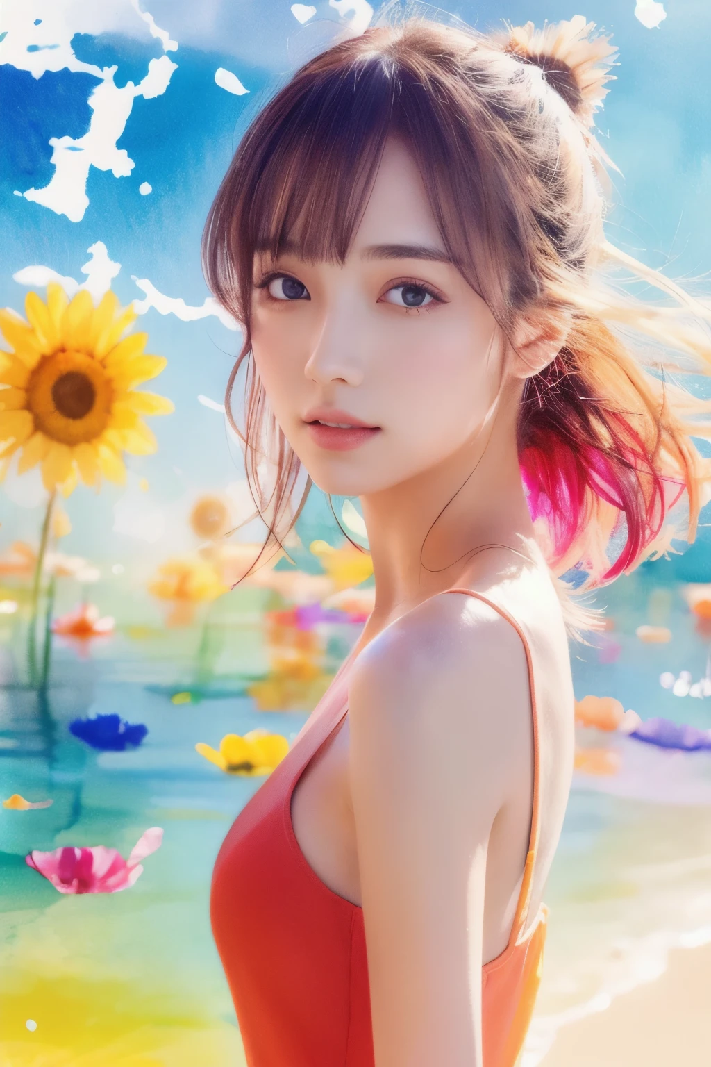 Highest quality、８K、image of the sun、Watercolor splash、Modern Girl、Soft Skin、colorful、Illustration magazine、