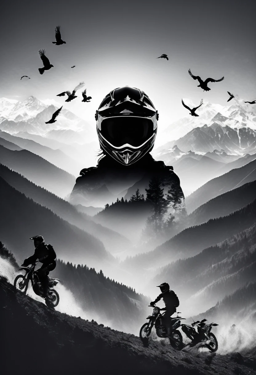 Triple exposure of the silhouette face of a woman wearing a motocross enduro black shinny helmet profile  , mountains, birds in the air, nature beauty and wonder, magical, majestical,black and white colors
