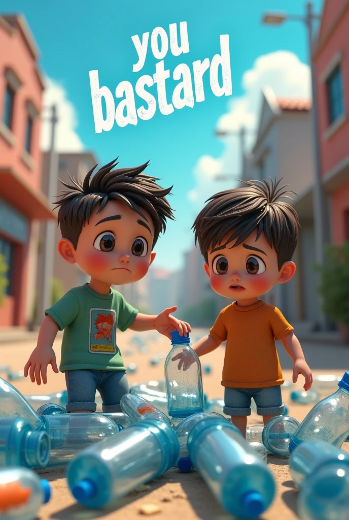 a 3D animated scene, children throwing away empty plastic bottles, text "You bastard" in white at the top, detailed facial features, highly detailed, 4k, 8k, photorealistic, studio lighting, vibrant colors, environmentalconcern, social commentary, plastic pollution, environmental awareness, realistic textures, dynamic composition, emotive expressions