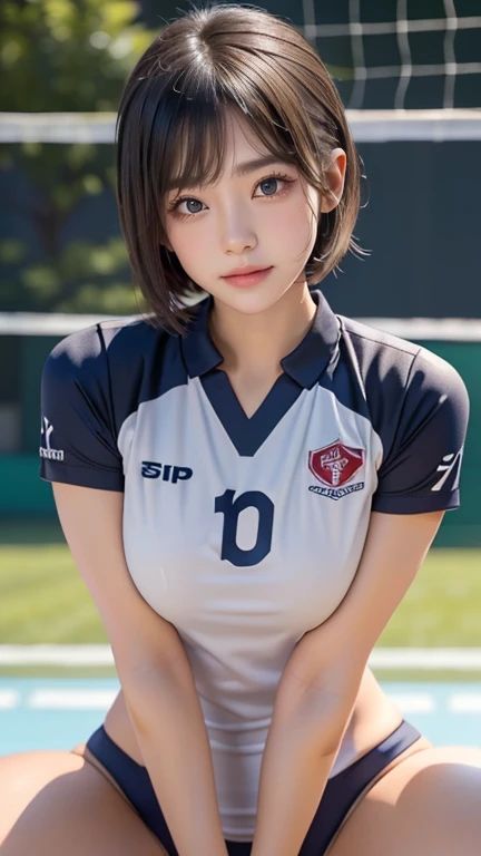 (((Highest quality))), ((masterpiece)), (detailed), ((solo)), ((((((An 1 girl wearing a volleyball club uniform)))))), (Slender body), ((White skin)), ((((Angle of view that includes the face and whole body)))), (((Well-formed face))), ((Big eyes)), ((((((((Drooping eyes)))))))), ((((Closer Eyes)))), ((Glossy skin)), ((((Correct Anatomy)))), [Spread your legs], [[[[[[[[[Delicate and thin thighs]]]]]]]]], ((((Fashionable bangs)))), ((Stylish hairstyle)), (((((Straddle position))))), Thin thighs